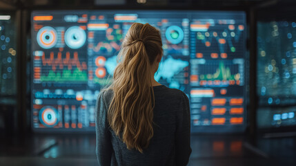 A woman stands in front of a computer monitor displaying a lot of data