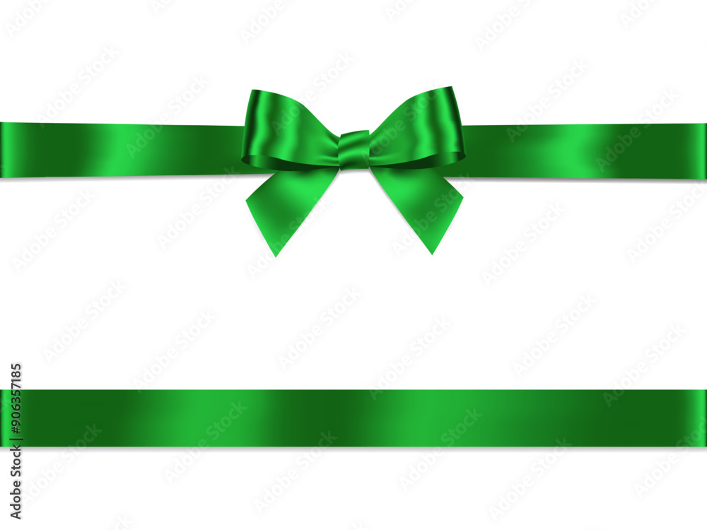 Poster green bow and ribbon horizontal realistic shiny satin with shadow horizontal ribbon for decorate you