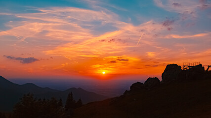 Alpine sunset or sundowner at Mount Kampenwand, Aschau, Chiemgau, Rosenheim, Bavaria, Germany