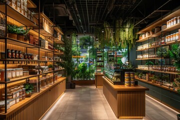 Store filled with shelves of plants and herbs, including hemp, cannabis, and marijuana