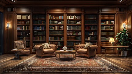 Immerse yourself in the sophistication of an elegant home library with this refined photo Rich wood shelves comfortable seating and a curated collection of books create a space that ex : Generative AI