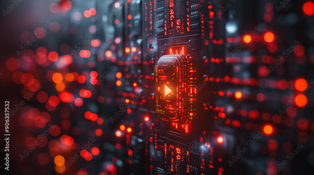 Poster a computer chip with a red play button on it
