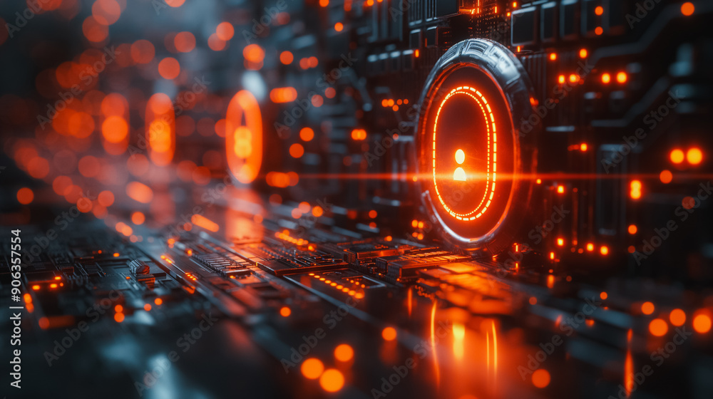 Poster a computer screen with a glowing red circle with a person in it. the image is of a futuristic with a