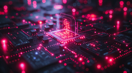 Obraz premium A computer chip is lit up in a dark background. The chip is surrounded by a lot of other computer chips