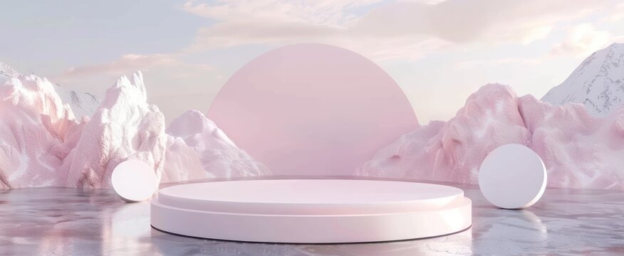 Pink podium with mountains and sky backdrop