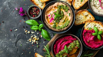 Beetroot hummus and cheese dip pesto and toasted bread  food top view : Generative AI