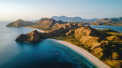 Aerial View of a Lush Island with Boats and a White Sandy Beach