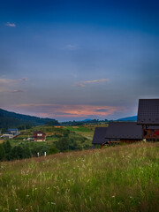Wonderful landscape view on the Carpathian Mountains during the sunset in the summer season 