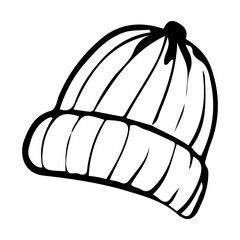 Warm hat hand drawn in doodle style. Headdress. Comfortable clothes for a hiking trip. Vector line art illustration.