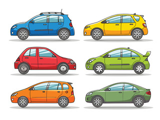 Six colorful cartoon cars displayed side side, unique body types, design elements. Compact, subcompact, hatchback, sedan models illustrated vibrant colors, sporty aesthetics. Flat vector