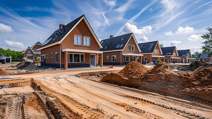construction site of a new Dutch Suburban area with modern family houses newly built modern family homes in the Netherlands  prefab house : Generative AI