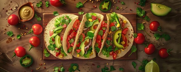 A vibrant display of fresh tacos topped with vegetables, herbs, and spices on a rustic wooden surface surrounded by tomatoes.