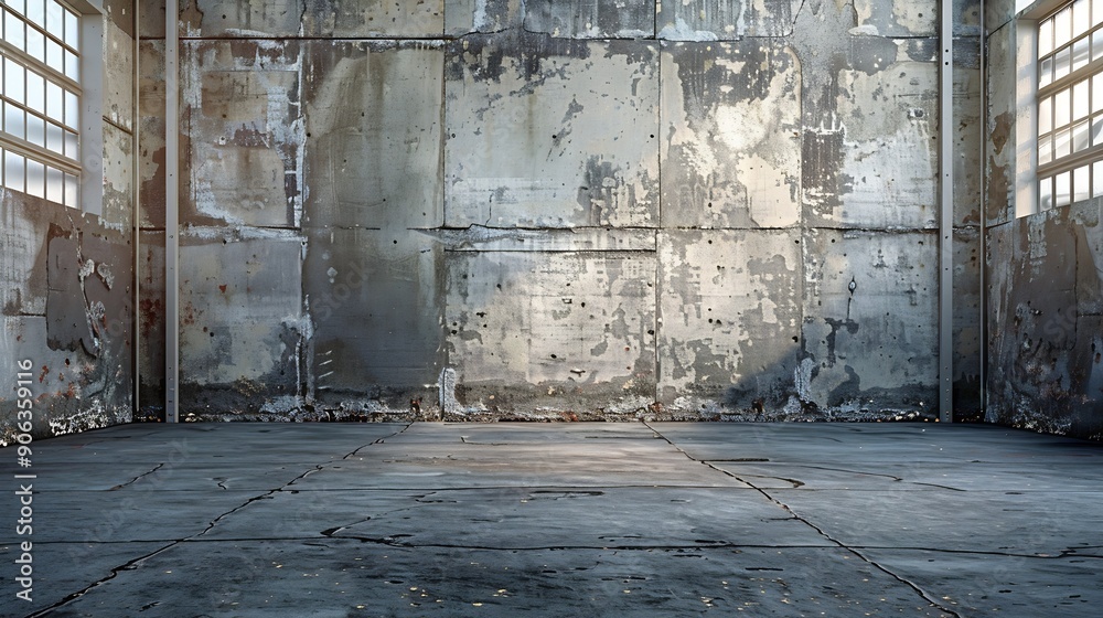 Poster empty warehouse room with grungy stucco concrete wall floor room as background corner of old grunge 