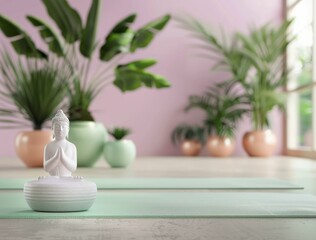 Tranquil Yoga Studio With Buddha Statue and Lush Greenery in Soft Lighting