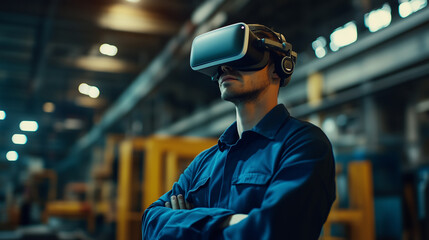 A man wearing a blue shirt and a virtual reality headset. He is standing in a large industrial building