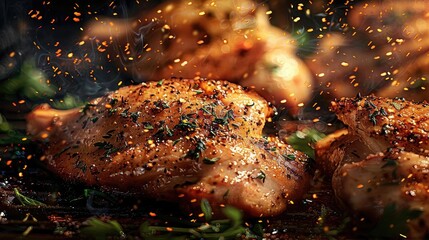 Juicy grilled chicken thighs garnished with herbs and spices, captured in a vibrant cooking scene with flavorful smoke.