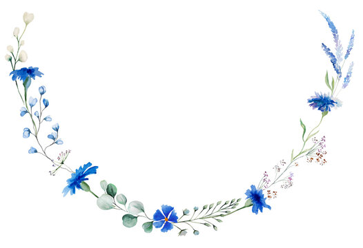 Watercolor blue cornflowers and wildflowers wreath, summer wedding isolated illustration