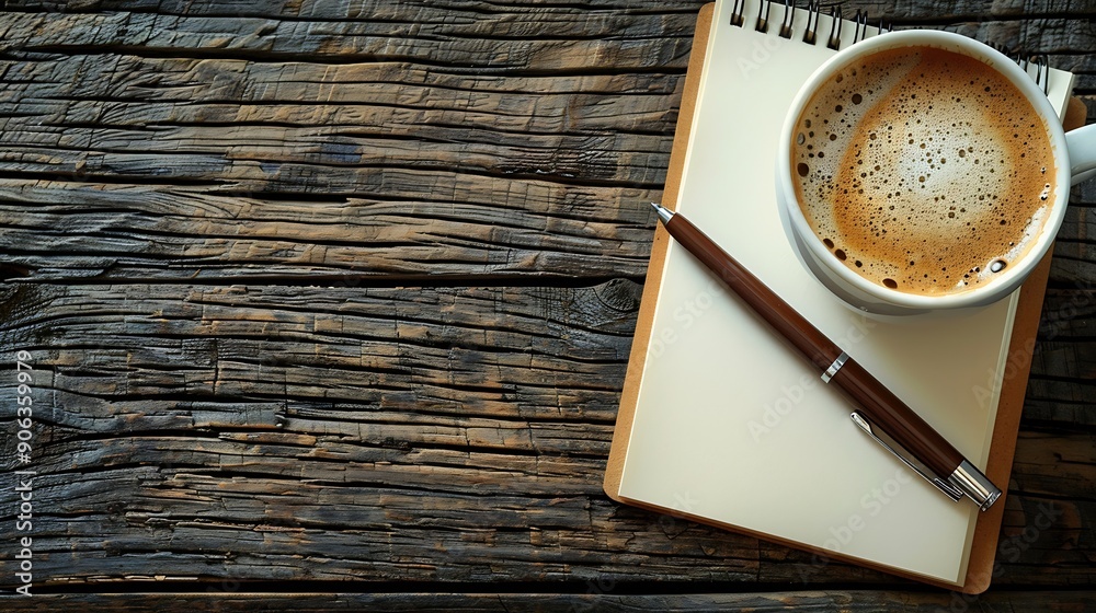 Leinwandbilder cup of coffee with notepad and brown pen on wooden table top view copy space : generative ai