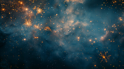 Fototapeta premium New Year's Eve fireworks against a rustic dark blue night sky