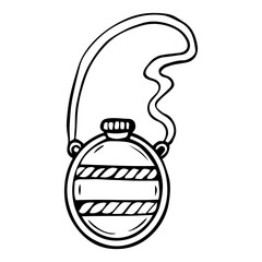 Hiking flask hand drawn in doodle style. Drinkware. Tourist equipment for a hunter or fisherman. Vector line art illustration.