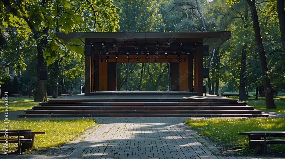 Aufkleber Empty open air stage in a park with a sound projecting roof Akniste Latvia : Generative AI