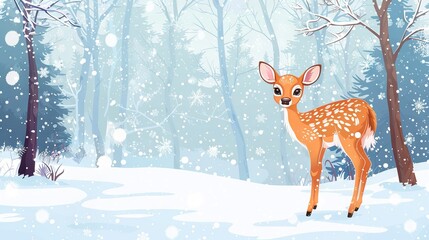 Cute Christmas deer in snowy winter forest scene with presents and trees. Concept of holiday, winter wonderland, festive animal, Christmas joy