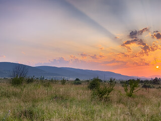 Wonderful landscape view on the Carpathian Mountains during the sunset in the summer season 