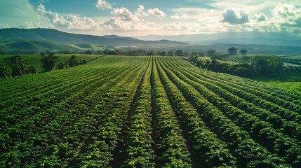 Naklejka premium Aerial drone view of a green coffee field in Brazil : Generative AI