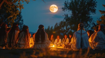 A diverse group of individuals participates in a serene full moon ceremony, gathering around a glowing fire at twilight