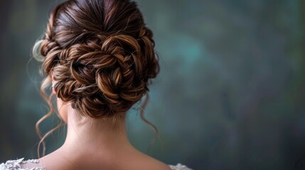 Elegant updo hairstyle with intricate braids, perfect for weddings or formal events. Soft lighting and a subtle background allow for text overlay.