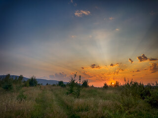 Wonderful landscape view on the Carpathian Mountains during the sunset in the summer season 