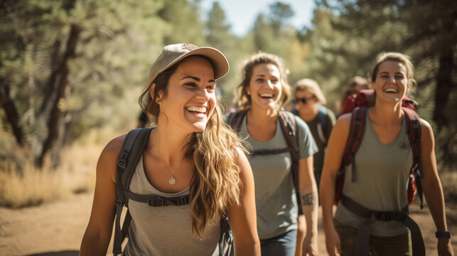 Team of hiking friends embarks on a journey, walking together along a nature trail. Camaraderie is evident as they traverse the road, creating memories during this joyous group hiking trip.