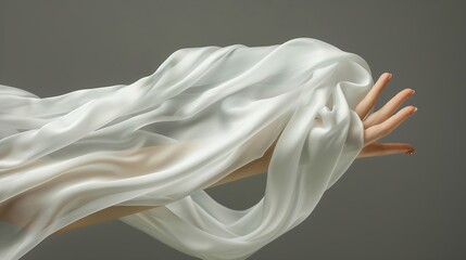 Fototapeta premium White silk scarf in womans hand floating on the wind on dark grey background Lifestyle Perfect for creating mockup for your own textile design or seamless pattern : Generative AI