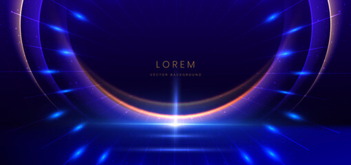 Scene futuristic neon glowing blue and gold light lines with on dark blue background and lighting sparkle.