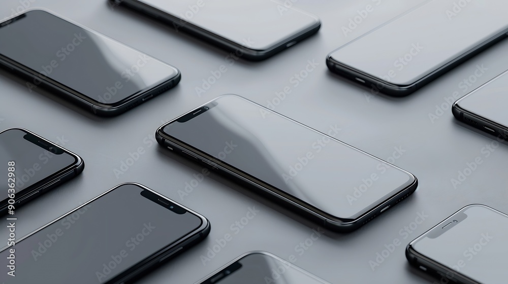 Poster flat rays collection of smartphone mockup blank screen isolated with clipping path on white background : Generative AI