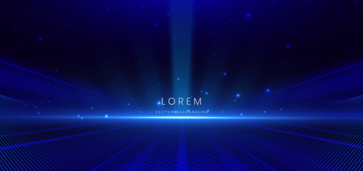 Abstract futuristic glowing blue neon light lines with speed motion moving on dark blue background.