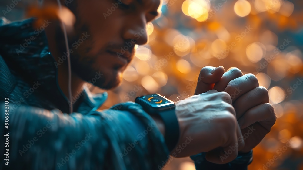 Poster mid adult man using smart watch during training heart monitor beats with wristwatch smart watch or f