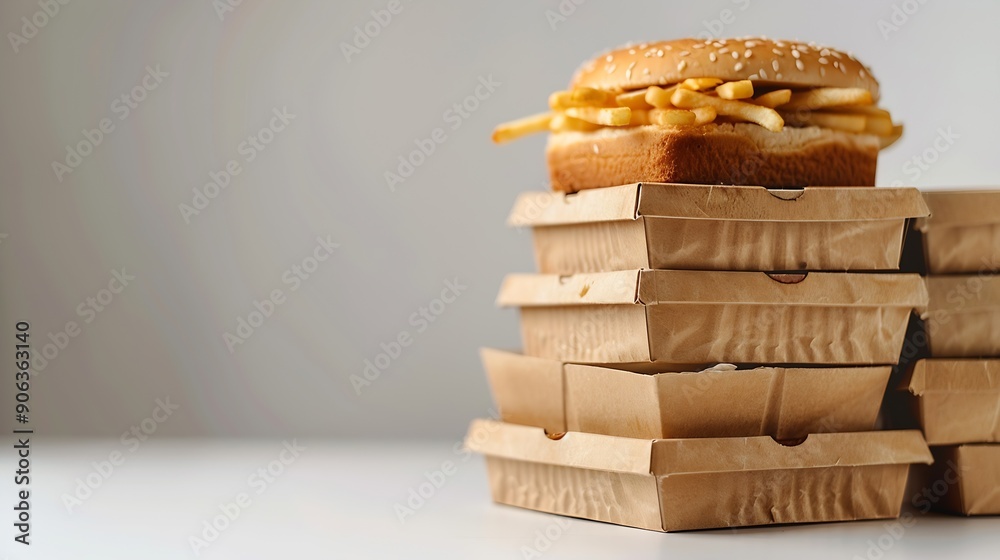 Poster Stack of fast food Boxes on white Background : Generative AI