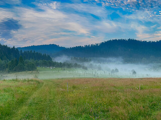 Wonderful landscape view on the Carpathian Mountains during the sunset in the summer season 