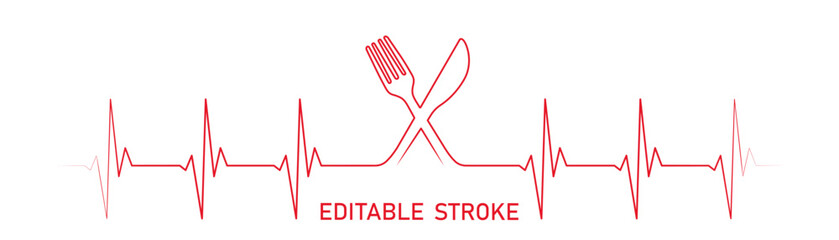 Editable lines heart rhythm illustration with fork and knife heartbeat line vector design to use in healthcare, business, healthy lifestyle, medicine and ekg concept projects. 