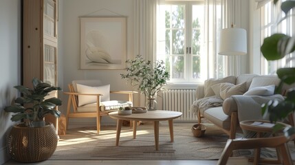 Obraz premium Scandinavian living room with light wood furniture, cozy textiles, and neutral colors. Space for text above the furniture.