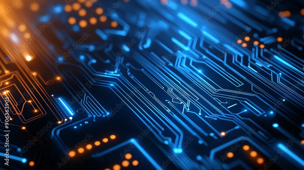 Wall mural abstract close-up of a glowing circuit board with intricate patterns and vibrant colors, representin