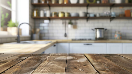 Wood table top on a blurred kitchen background, perfect for product display or design layout mockups, offering a clean, versatile surface with a warm, inviting ambiance, ideal for showcasing culinary 
