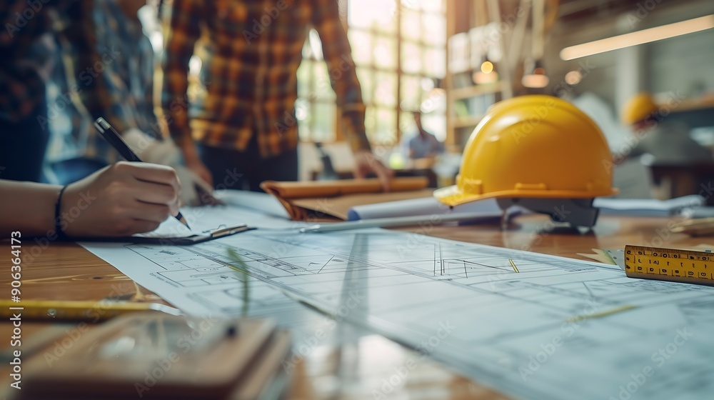 Poster Brainstorming group of architects and engineers discuss building blueprint design paperwork and drawing construction project planning on wooden table in office Construction project bud : Generative AI