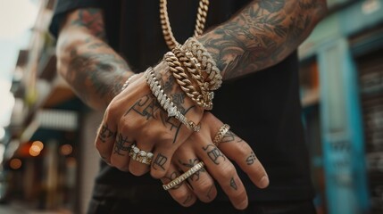 Close-up of a Man's Hands Adorned with Gold Jewelry