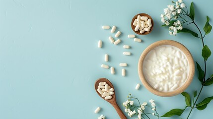 Capsules probiotic on a wooden spoon and bowl with homemade yogurt on light blue background Fermented foods dairy nutritional supplement healthy digestion concept Top view flat lay : Generative AI