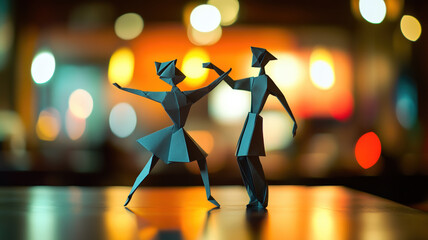 Abstract Origami Dancers in Focus with Bokeh Lights Background Creating a Whimsical and Romantic...