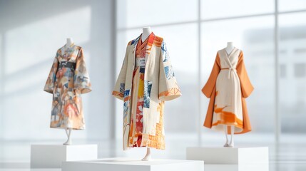 Elegant traditional garments displayed on mannequins in a bright, modern setting, showcasing intricate designs and colors.
