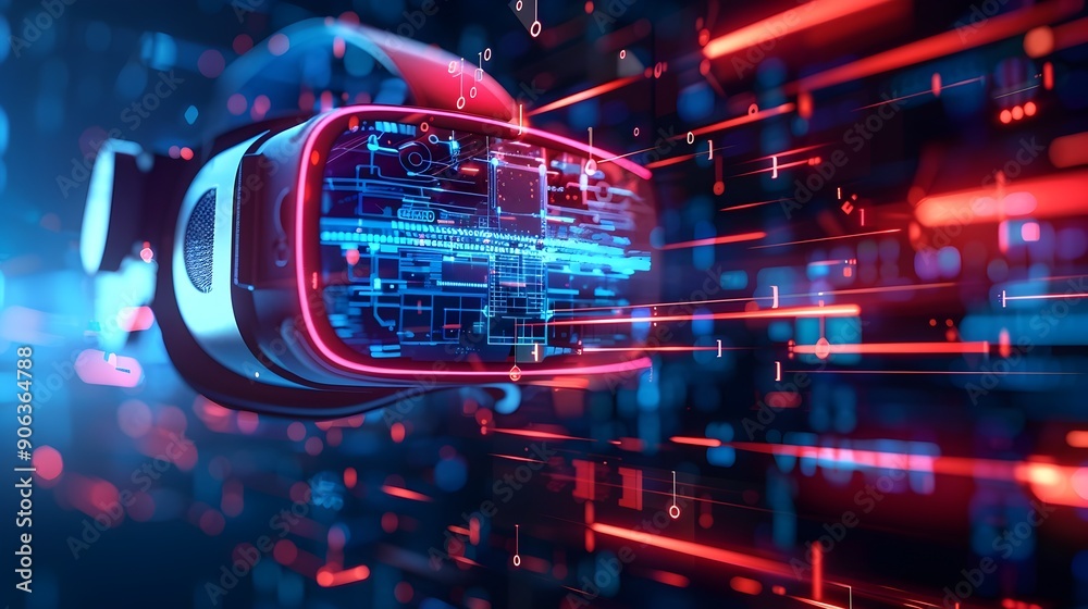 Poster futuristic virtual reality interface with floating interactive elements
