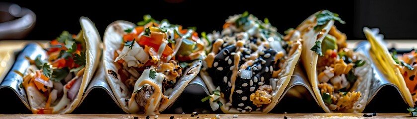 Delicious tacos filled with vibrant ingredients, showcasing a colorful presentation on a wooden board.